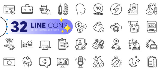 Outline set of Portfolio, Tutorials and Sick man line icons for web with Microphone, Cloud computing, Analytics graph thin icon. Discrimination, Time management, Moon pictogram icon. Vector