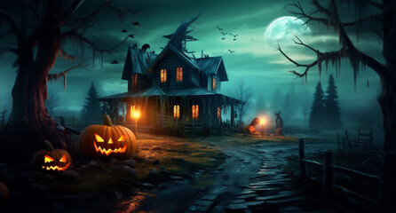 cemetery pumpkin holiday dark halloween horror moon bat grave night. Generative AI.