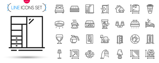 Pack of Stand lamp, Led lamp and Takeaway coffee line icons. Include Coffee cup, Coffeepot, Mattress pictogram icons. Open door, Wine glass, Furniture moving signs. Mint leaves, Pillows. Vector