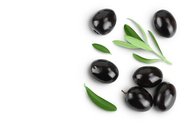 Black olives with leaves isolated on a white background with full depth of field. Top view with copy space for your text. Flat lay