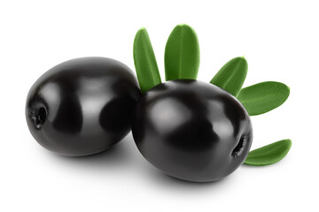 Black olives with leaves isolated on a white background with full depth of field.
