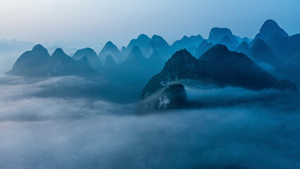 Aerial view of karst mountain and cloud natural landscape in the early morning, Guilin, Guangxi,...
