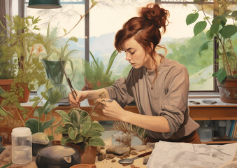 hobby woman gardener work entrepreneur houseplant botanist indoor flower pot florist. Generative AI. - obrazy, fototapety, plakaty