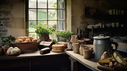 an old kitchen with pots, pans and other items on the counter in front of a window that is open