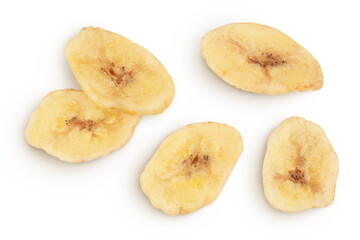 Naklejka na ściany i meble Dried banana chips isolated on white background with full depth of field. Top view. Flat lay