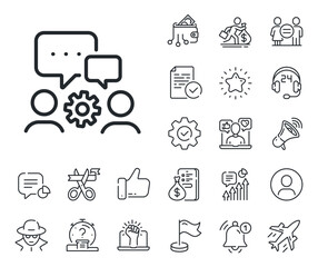 Engineer or architect group sign. Salaryman, gender equality and alert bell outline icons. Engineering team line icon. Working process symbol. Engineering team line sign. Vector