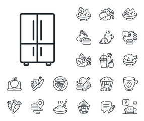 Fridge sign. Crepe, sweet popcorn and salad outline icons. Two-chamber refrigerator line icon. Freezer storage symbol. Refrigerator line sign. Pasta spaghetti, fresh juice icon. Supply chain. Vector