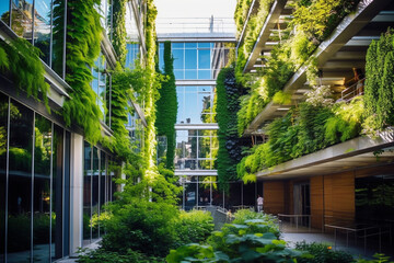 Sustainable building with green infrastructure and energy-efficient design, Natural climate solutions, nature background Generative AI