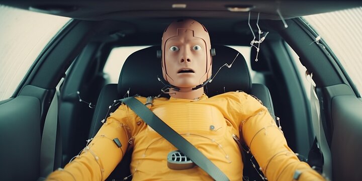 Scared crash test dummy inside car, concept of Safety engineering, created with Generative AI technology