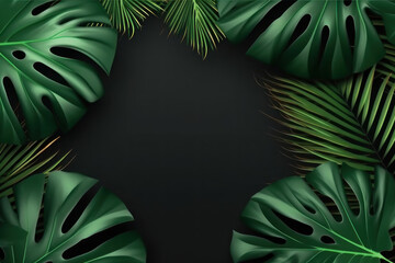 Background with copy space. Palm leaves on a black background. AI generative.