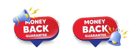 Money back guarantee tag. Speech bubbles with 3d bell, megaphone. Promo offer sign. Advertising promotion symbol. Money back guarantee chat speech message. Red offer talk box. Vector