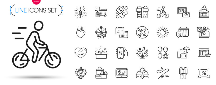 Pack of Sun protection, Photo camera and Yummy smile line icons. Include Present box, Fishing rod, Ice cream pictogram icons. Discounts calendar, Gps, Airplane mode signs. Puzzle. Vector