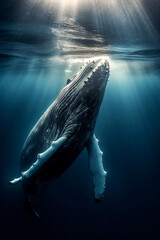 Humpback whale surfacing and illuminated by the sun rays through the water. amazing wildlife. generative AI