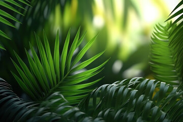 Background with copy space. Palm leaves in the jungle. AI generative.