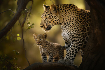 Beautiful portrait of a Leopard with her cub in natural habitat. Amazing African Wildlife. Generative Ai