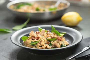 Chicken with orzo pasta, served on a plate, close-up.
