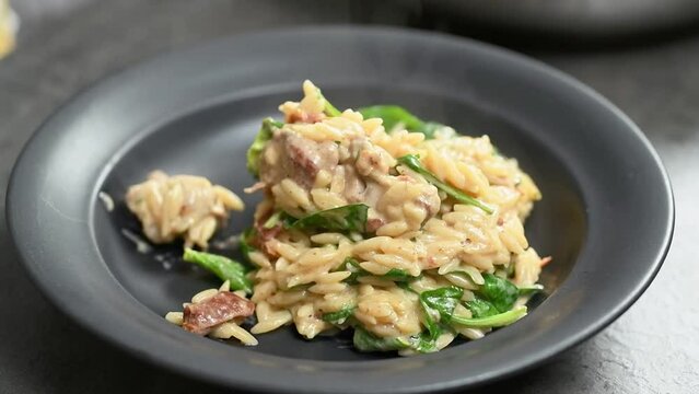 The cook serves chicken with orzo pasta on the plate.
