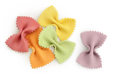 colorful farfalle pasta isolated on white background with full depth of field. Top view. Flat lay.