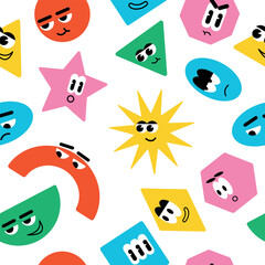 Seamless pattern with Various bright basic Geometric Figures with face emotions, hands and legs. Different shapes. Vector illustration for kids isolated on background. Cute funny characters.