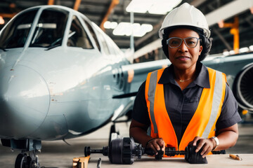 Digital portrait of a senior successful confident professional female Aerospace engineer is assembling an aircraft engine in a Plane assembly line. Concept of active age. Generative AI
