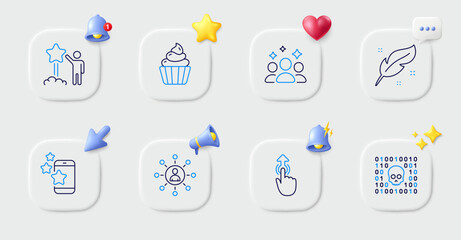 Binary code, Star and Swipe up line icons. Buttons with 3d bell, chat speech, cursor. Pack of Best app, Networking, Squad icon. Cupcake, Feather pictogram. For web app, printing. Vector