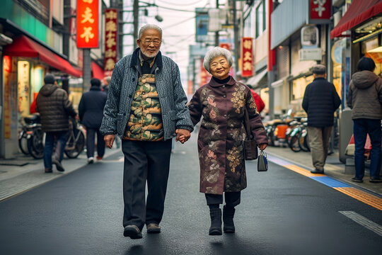 Fiction Japanese mature couple together in downtown Tokyo AI Generated  