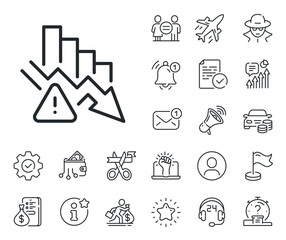Fototapeta premium Economic crisis sign. Salaryman, gender equality and alert bell outline icons. Deflation line icon. Income reduction symbol. Deflation line sign. Spy or profile placeholder icon. Vector