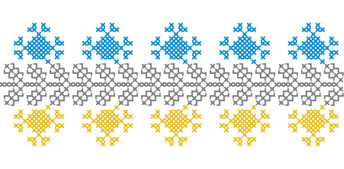 Ukrainian vector seamless decorative border pattern in blue and yellow colors. Pixel art, embroidery, vyshyvanka, cross stitch - obrazy, fototapety, plakaty