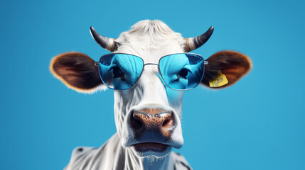 portrait of a cow with sunglass blue