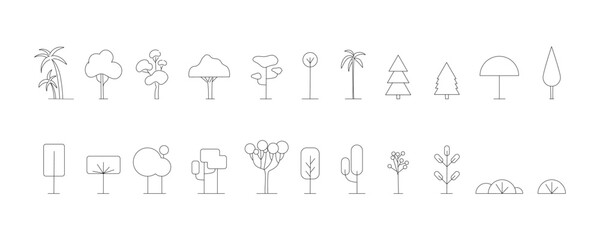 Line trees. Minimal nature forest or park. Minimalism style plants. Abstract logo design. Eco bio symbols, black outline botanical elements. Spruce pine and oak. Vector isolated set