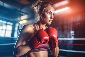 Girl boxer trains in the boxing gym. Generative AI