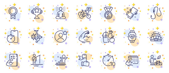 Outline set of Eco bike, Fishing reel and Timer line icons for web app. Include Fisherman, Timer app, Reward pictogram icons. Best friend, Cardio training, Victory signs. Winner cup. Vector