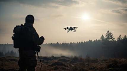 Military Drone Operator Soldier Controlling Quadrocopter for Miletary Operation. Reconnaissance UAV Surveillance in Ukraine-Russia War Conflict, Modern Warfare Intelligence Gathering. generative ai
