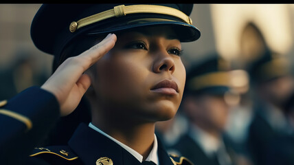 Female Soldier Saluting During Military Ceremony. US Officer giving the honor salute. Army, Veterans Day, United States Armed Forces, Memorial Day. generative ai