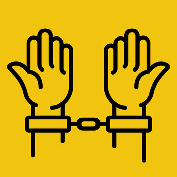 Hands in handcuffs black line icon. Human in jail. Prisoner concept. Vector illustration flat design. Cartoon style. Arrest of a person. Isolated on white background. Criminal behind bars.