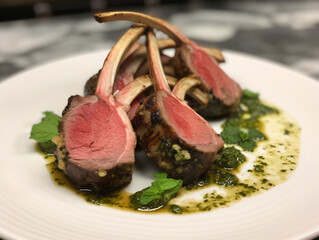 An image of a tender and perfectly cooked rack of lamb, seasoned with herbs and served with mint sauce. 