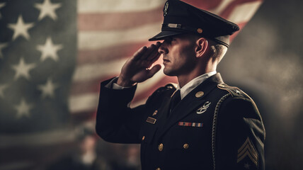 Soldier Saluting with American Flag During Military Ceremony. US Officer giving the honor salute. Army, Military Veterans Day, United States Armed Forces, Memorial Day. generative ai