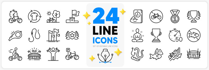 Icons set of Laureate, Fish and Arena stadium line icons pack for app with Cyclist, Hook, Yoga thin outline icon. Stop fishing, Sports arena, Bicycle pictogram. Bicycle prohibited, Worms. Vector
