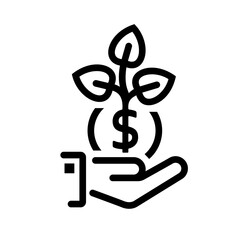 Money growth black line icon. Investment concept. Finance and Money. Business growing up. Vector illustration flat design. In the hand is the coin, plant grows as symbol of startup.