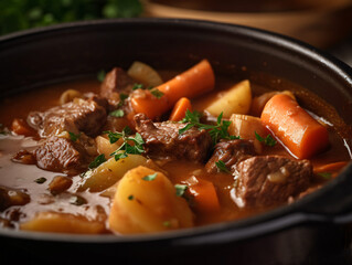 A close-up shot of a hearty beef stew simmering in a rich and savory broth.