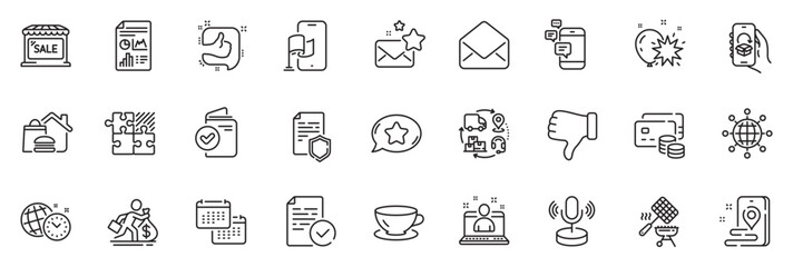 Icons pack as Food delivery, Place and Compliance line icons for app include Communication, Supply chain, Puzzle game outline thin icon web set. Dislike hand, International globe. Vector
