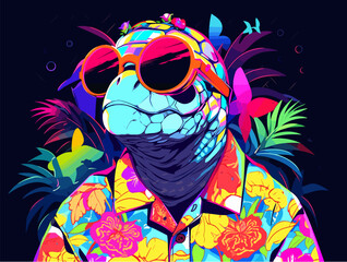 An image of a turtle sporting sunglasses and a Hawaiian shirt