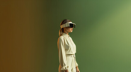 Women wearing virtual reality glasses, green background - generative ai