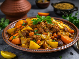 A plate of flavorful and aromatic Moroccan lamb tagine with vegetables and fragrant spices.