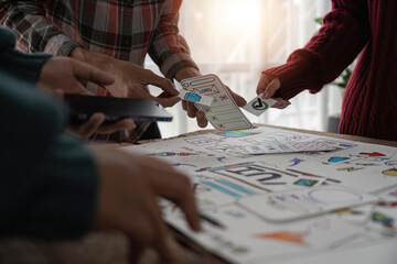 Creative designer choosing color samples for mobile responsive website development with UI UX. Developing wireframe sketch layout design mockup on smartphone screen