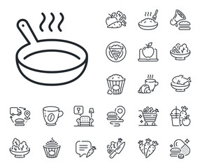 Cooking sign. Crepe, sweet popcorn and salad outline icons. Frying pan line icon. Food preparation symbol. Frying pan line sign. Pasta spaghetti, fresh juice icon. Supply chain. Vector