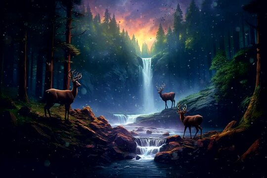 night in the forest, waterfall and deer