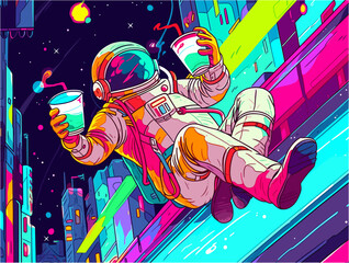 A daring spaceman drinking coffee from a futuristic mug while floating in space