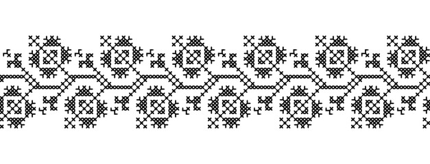 Ukrainian dog-rose, brier embroidery border pattern in black color. Pixel art, vyshyvanka, cross stitch. Ukrainian ethnic, folk vector border pattern, ornament, print