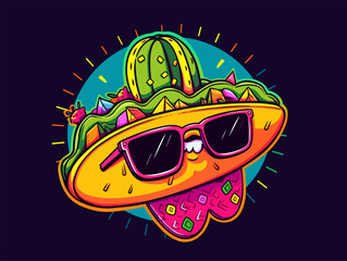 A taco character wearing dark sunglasses and a sombrero